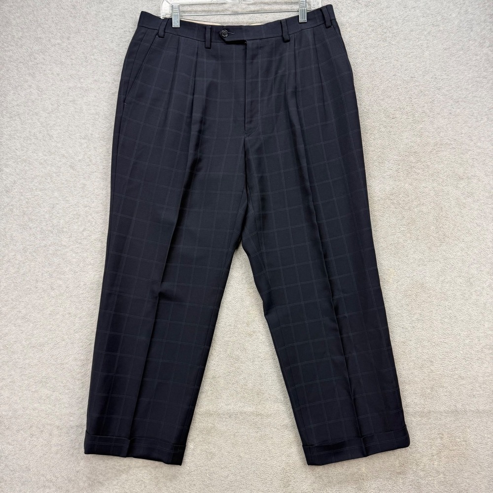 Turnbury Dress Pants Mens 35x26 Navy Blue Wool Windowpane Pleated Cuffed‎ Slacks